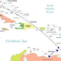 map showing distance from Miami to Grenada and Venezuela to Grenada