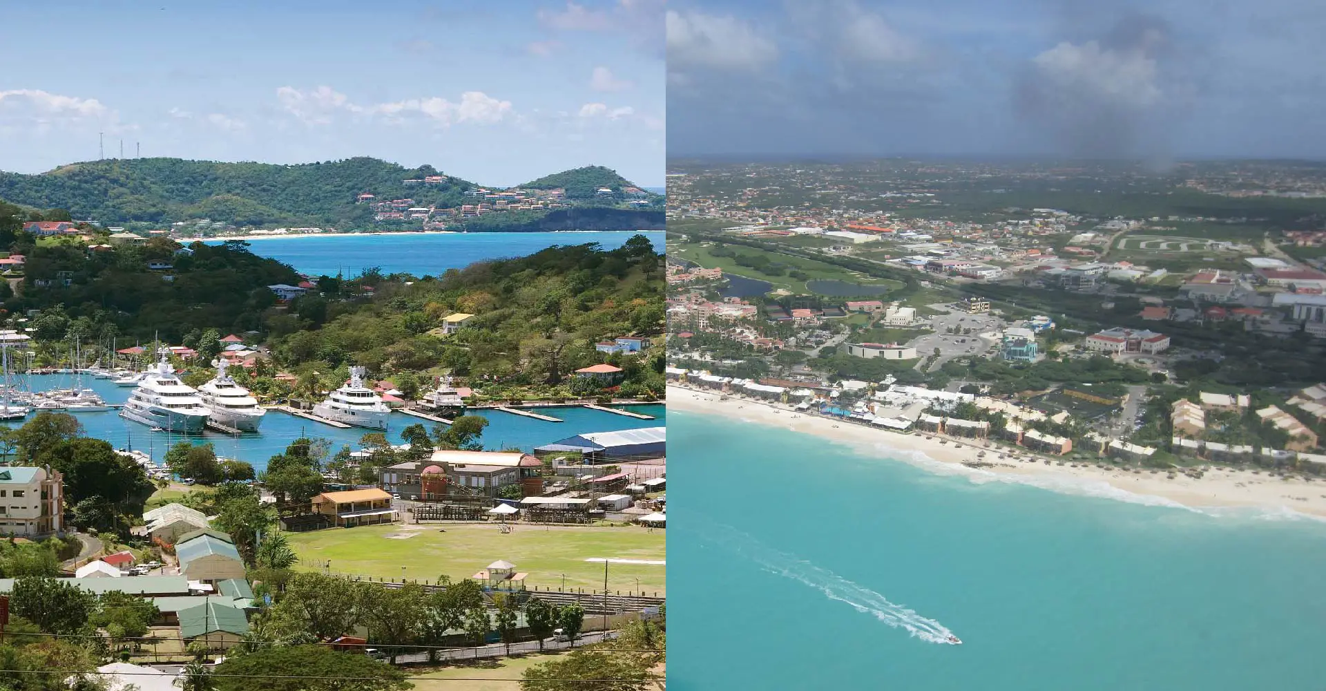 Grenada's landscape on the left and Aruba's landscape on the right