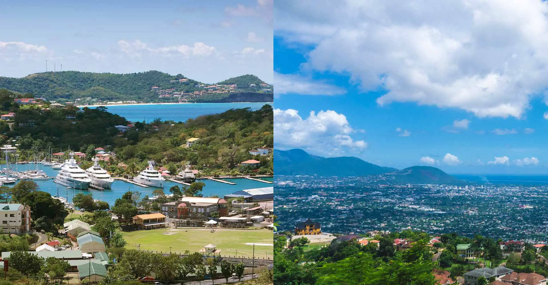 side by side photos of Grenada and Jamaica's landscape