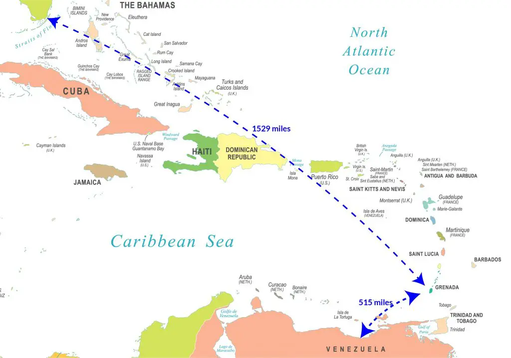 map showing distance from Miami to Grenada and Venezuela to Grenada