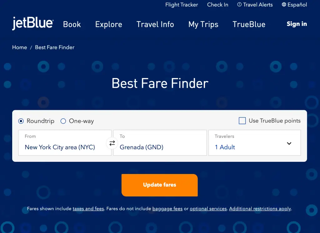 JetBlue airlines' best fare finder showing flights from New York to Grenada