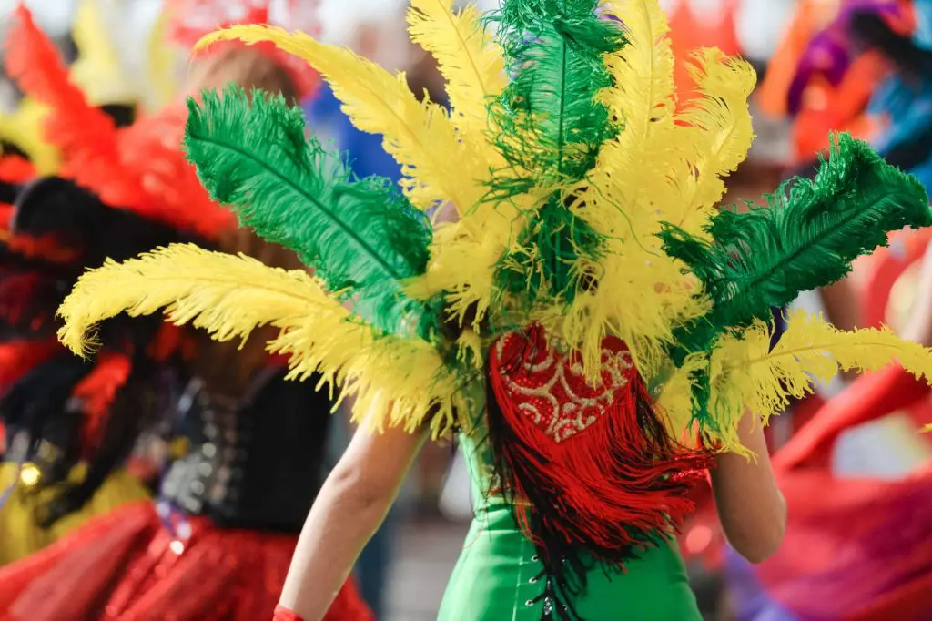 The back of a woman dressed in feathers for a Spicemas parade